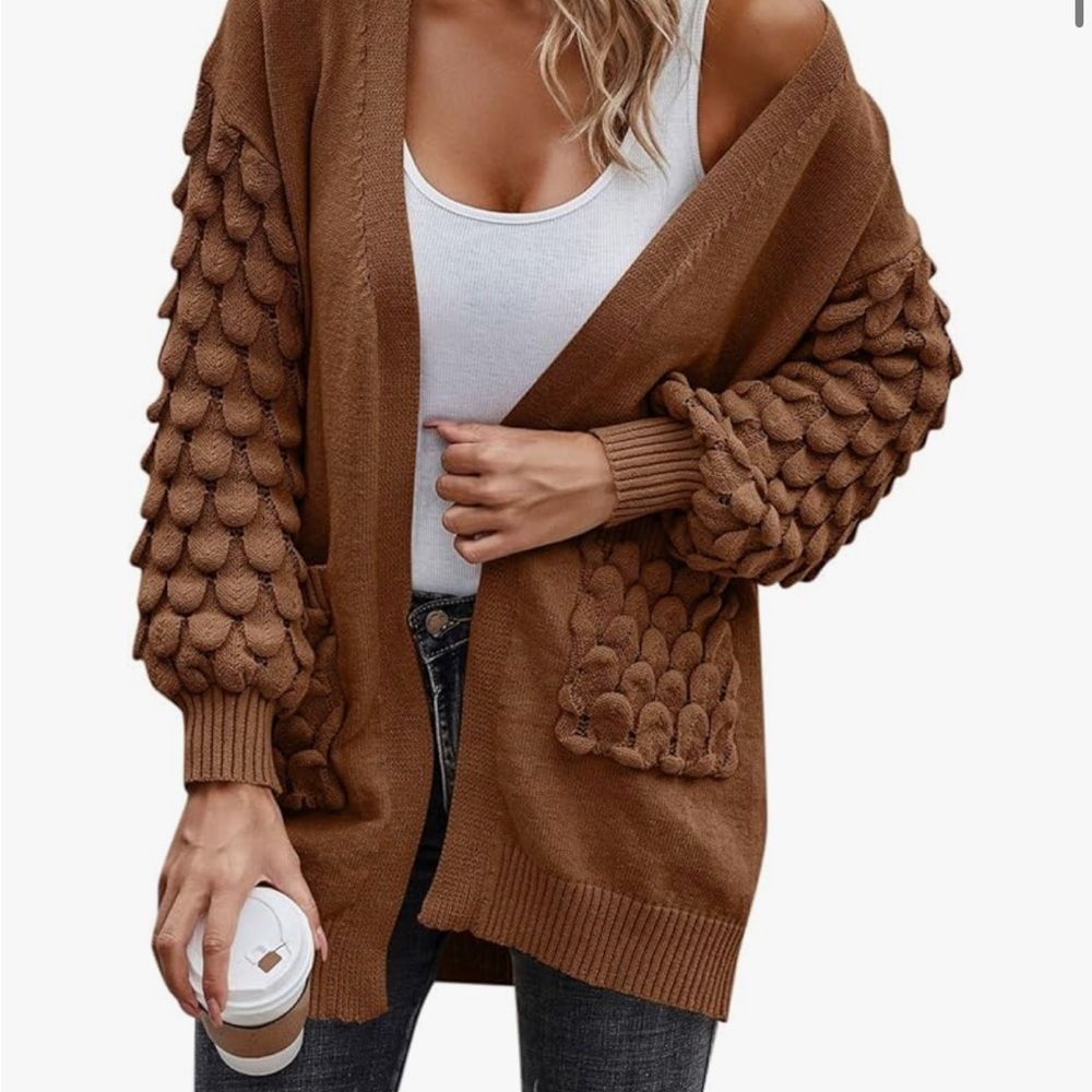 Cozy Brown Bubble-Sleeve Open Cardigan